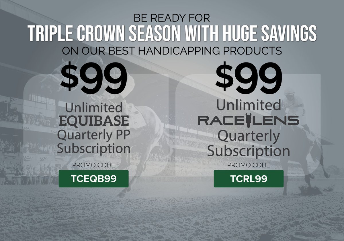 Don't miss out on quarterly PP and #RaceLens subscriptions, each just $99! 🔗equibase.com/content/offers…