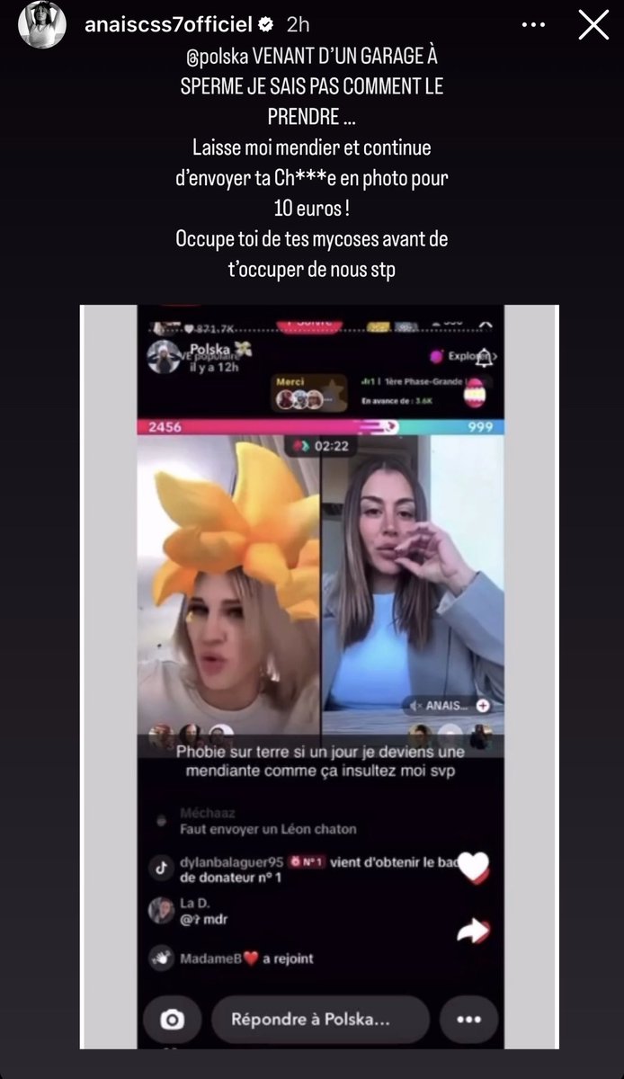 GossipRoomOff's tweet photo. 🚨 L’influenceuse Anaïs Camizuli répond à la chroniqueuse de #TPMP, Polska, qui a déclaré que les match TikTok entre candidat(e)s de télé-réalité étaient "sa phobie" :

"Venant d’un garage à sp*rme je sais pas comment le prendre. Laisse moi mendier et continue d’envoyer ta ch*tte en photo pour 10 euros ! Occupe toi de tes mycoses avant de t’occuper de nous stp." 💥 (via Instagram)