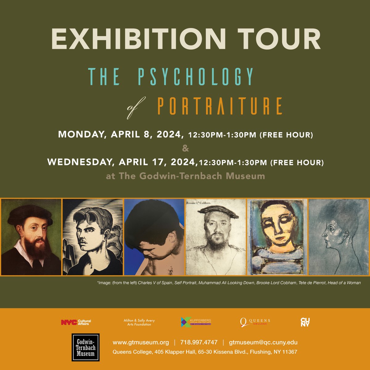 Join us for a tour of the Spring exhibition, 'The Psychology of Portraiture', at the Godwin-Ternbach Museum on Monday, April 8, 2024, 12:30pm-1:30pm or Wednesday, April 17, 2024,12:30pm-1:30pm! #GTM #ThePsychologyofPortraiture #ArtExhibition #godwinternbachmuseum #KCA #CUNY