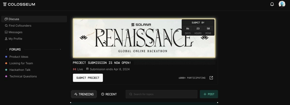 The @Solana Renaissance Hackathon submission portal is now open on the Colosseum platform! Submit 👉 arena.colosseum.org The deadline to submit a project is 11:59pm PST on April 8, 2024. You may edit your submission info up until the deadline. Good luck to the builders!🎨