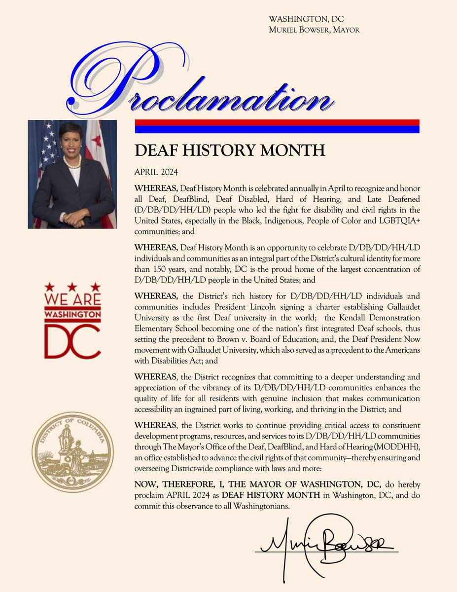 We're proud that DC's home to the largest concentration of Deaf, DeafBlind, Deaf Disabled, Hard of Hearing, and Late Deafened people in the US. April is Deaf History Month, an opportunity to celebrate members of our D/DB/DD/HH/LD communities as an integral part of DC's culture.