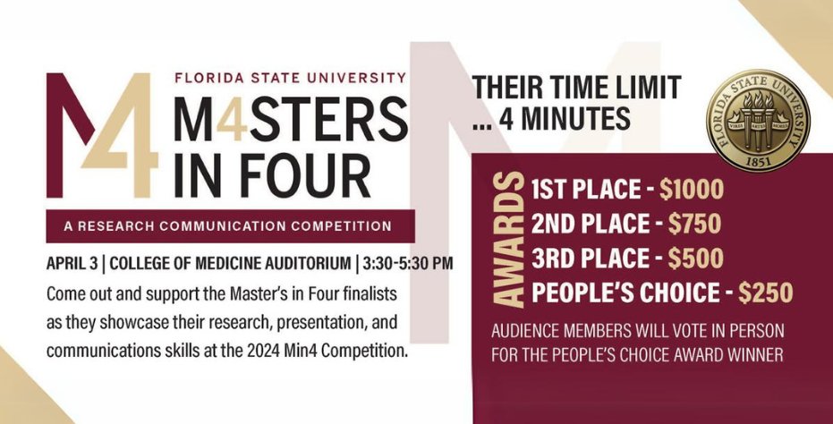 Come out and support the 2024 Master’s in Four Competition finalists as they showcase their research, presentation, and communication skills! All students, faculty and staff are welcome to attend.