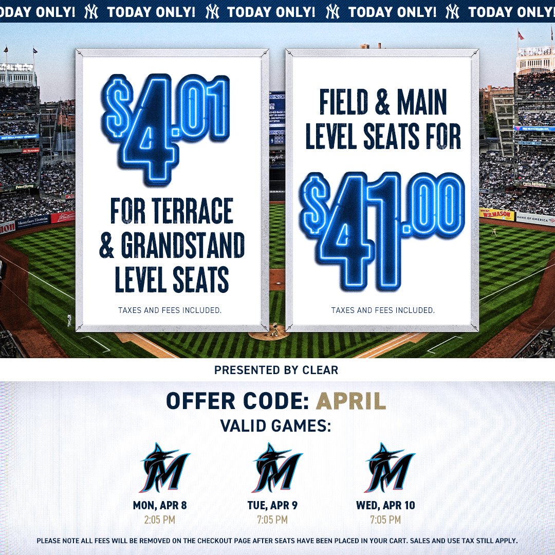 Yankees's tweet image. This deal is no joke. 

Today only, use offer code: APRIL 🎟️👉bit.ly/3FtkTNV