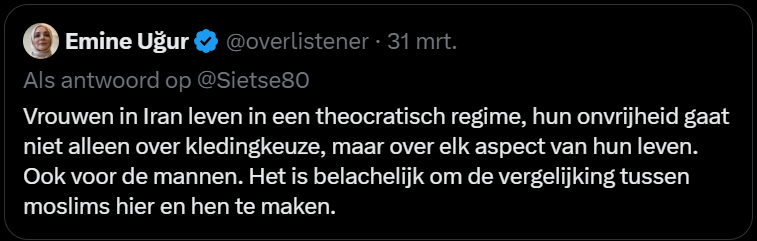 Even serieus #Emine <a href="/overlistener/">Emine Uğur</a>, wat weet jij nou over de onvrijheden van Iraniërs en waar het werkelijk over gaat?

Die 'aspecten' waar jij het over hebt, maken allemaal onderdeel uit van één en dezelfde Islam en de superioriteits- en veroveringsaspiraties van islamieten.

De