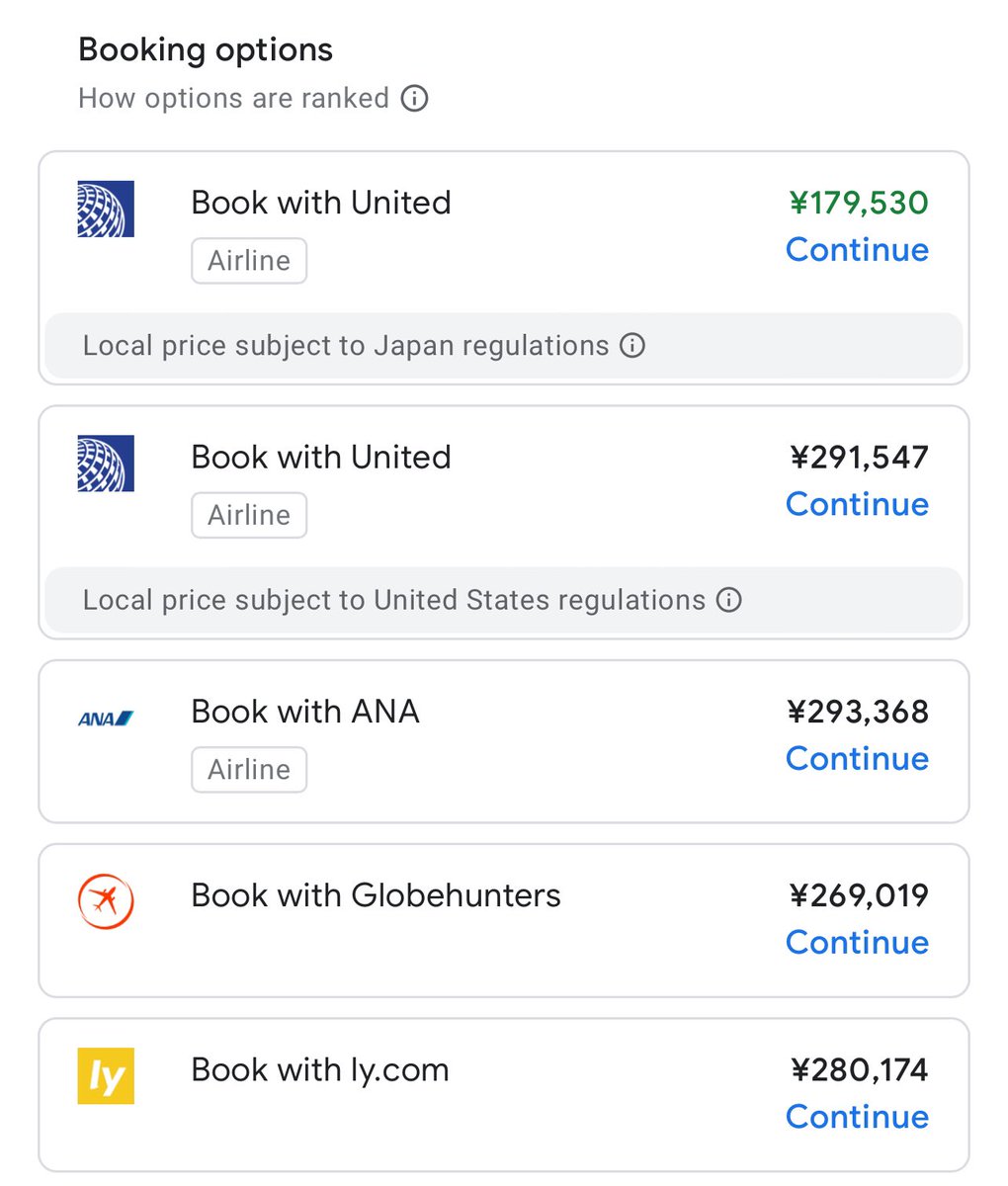 alex_pointsguy's tweet photo. 日本への一時帰国ANA便、日本にVPN繋いで検索すると18万円、アメリカで買うと29万円！？両方ともユナイテッド経由での購入だけどなんでこんなに違うの😇 https://t.co/2h6UXkWaw9