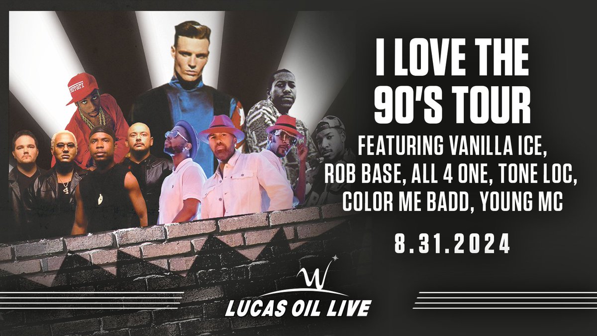 JUST ANNOUNCED: Get ready for a #Throwback night at #LucasOilLive with @vanillaice, @Robbasemusic, @All4OneMusic, @colormebaddreal, @RapperToneLoc, and @officialyoungmc! Don't miss out - see @ILoveThe90sTour on August 31st: bit.ly/49zhGJP