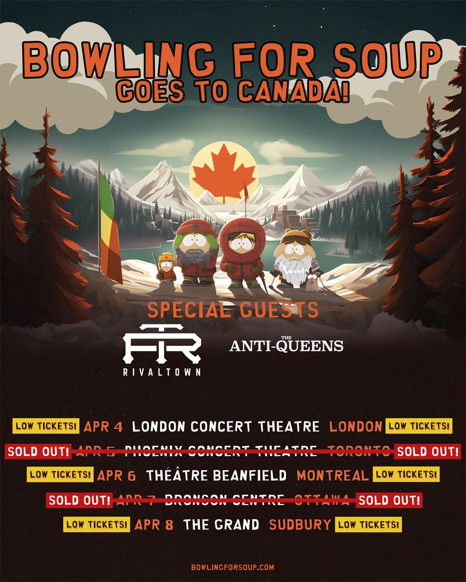 London & Montreal are DANGEROUSLY close to selling out today. Sudbury only has less than 200 tickets left! SEE YOU THIS WEEK! 🎫: BowlingForSoup.com/tour-dates