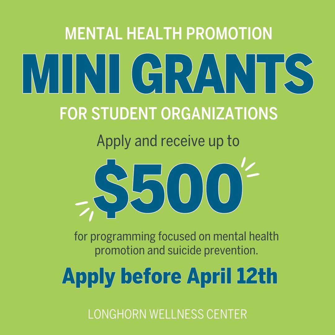 Calling all student organizations! Mental Health Promotion Mini Grants are available to registered student organizations who are hosting a program or event or creating a project that directly focuses on promoting mental health. Learn more: cmhc.utexas.edu/mental-health-…