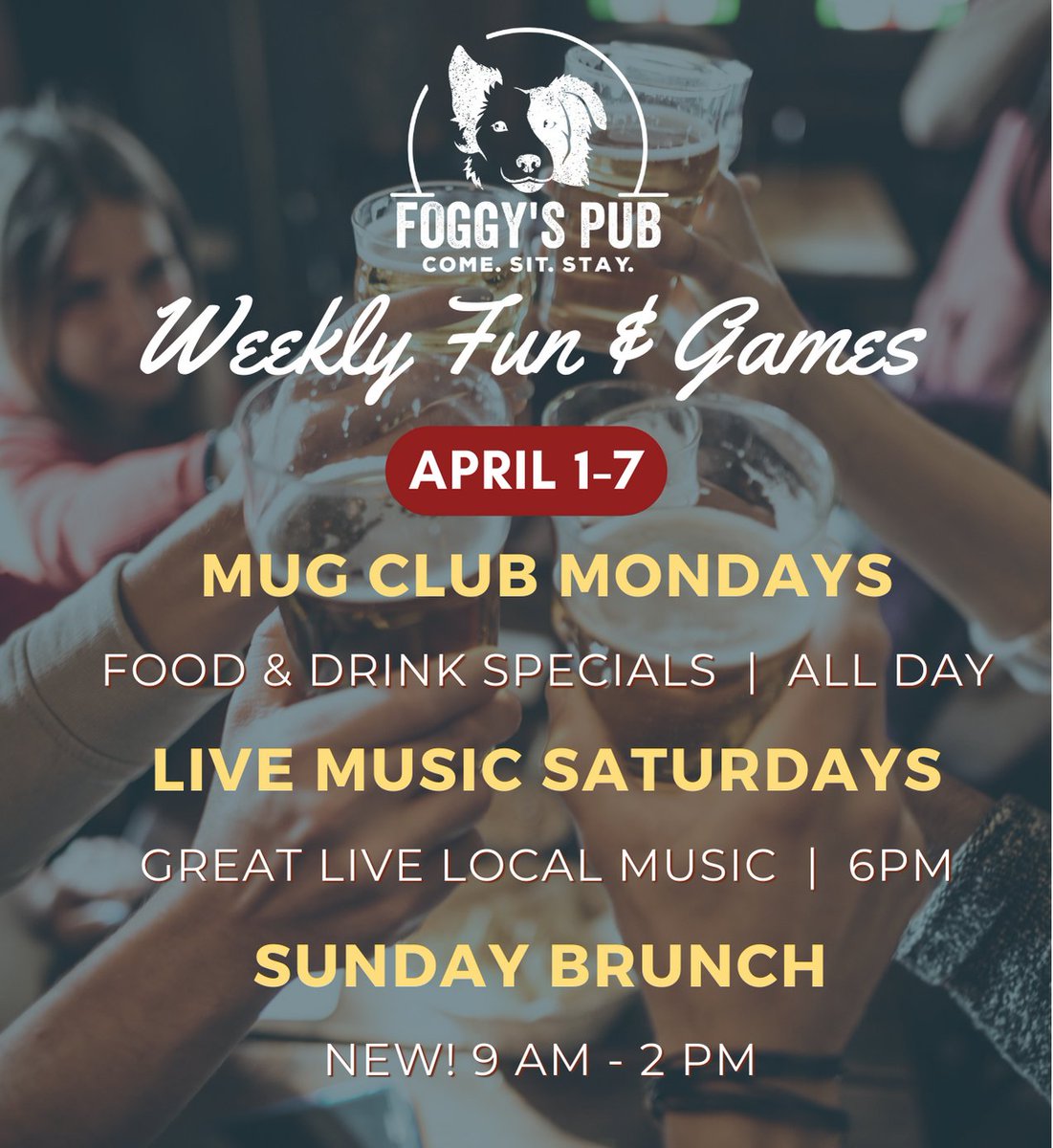 FoggBrookResort's tweet image. 🍺🌟 This week at Foggy&apos;s, we&apos;ve got your lineup for good times!  🎶🥂 #WeeklyVibes #MugClubMonday #LiveMusicSaturday #SundayBrunchDelight