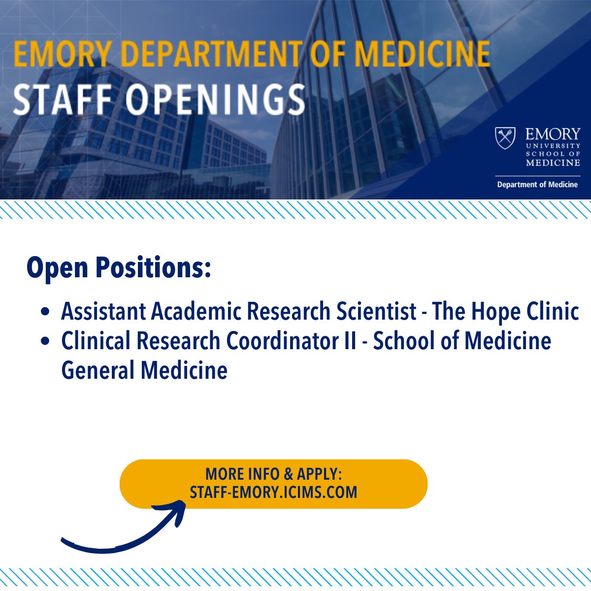 🔔Attention job seekers! Emory Department of Medicine is hiring! Check out the latest open staff positions on our team! Learn more and apply 👉️linktr.ee/emorydeptofmed #IDjobs #GIMjobs #nowhiring #emorycareers
