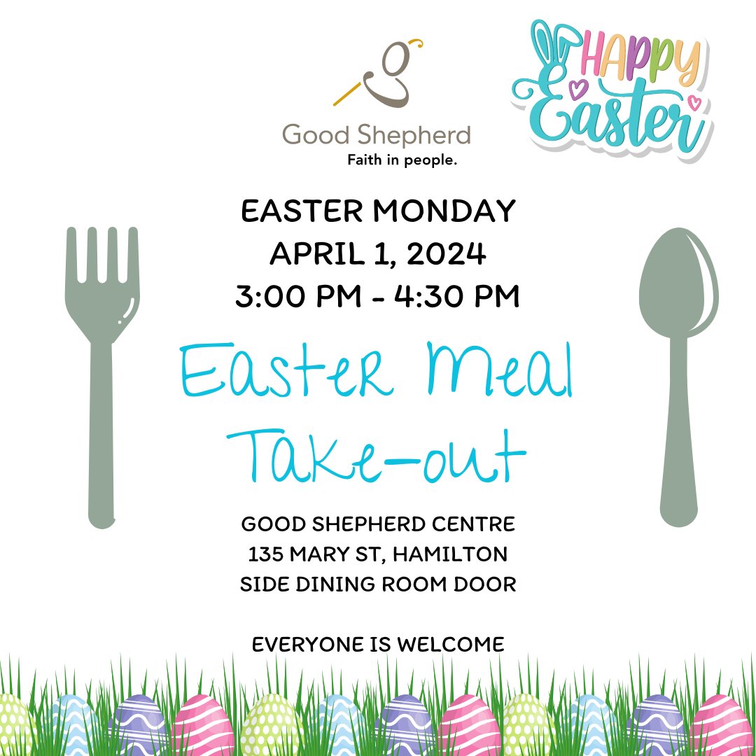 Enjoy a special hot Easter dinner TODAY from 3:00PM-4:30PM! The take-out style meal will be served from the side doors of the Good Shepherd Centre at 135 Mary Street, Hamilton. Everyone is welcome! 🐰🥕🐣