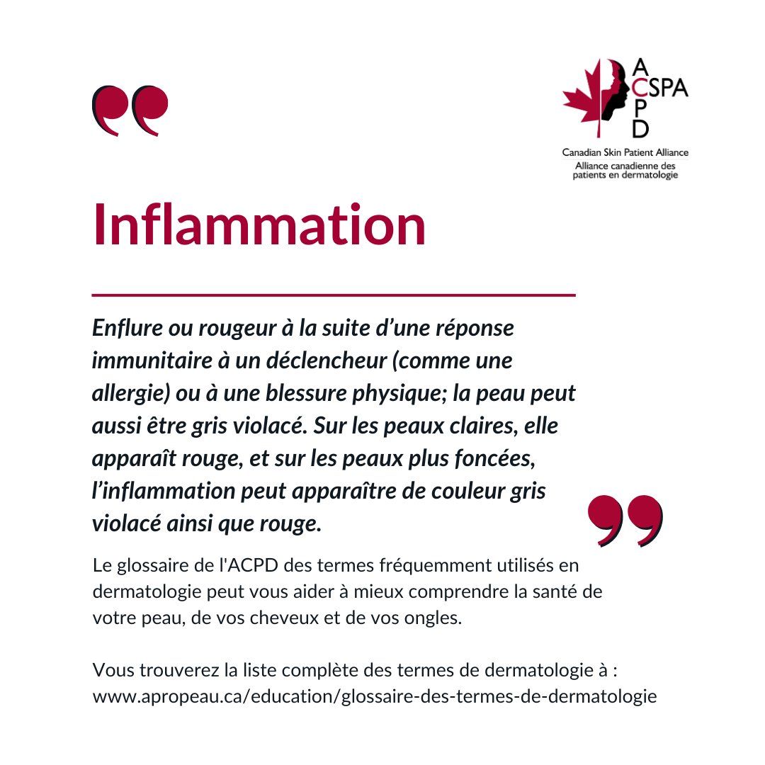 Avez-vous entendu parler du terme « inflammation »? Le glossaire de l'ACPD sur les termes couramment utilisés en dermatologie peut vous aider à mieux comprendre la santé de votre peau, de vos cheveux et de vos ongles. Vous trouverez la liste complète à : ow.ly/Zjz850QZVs1