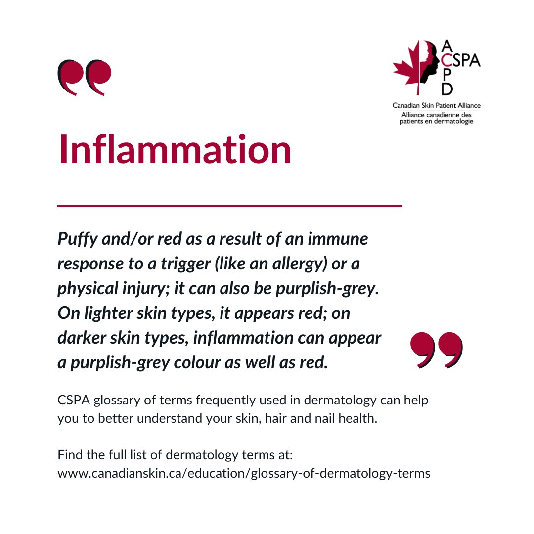 Have you heard of the term “inflammation”? CSPA’s glossary of terms commonly used in dermatology can help you to better understand your skin, hair and nail health. Find our full list at: ow.ly/WY0a50QZUUT #CSPA #Dermatology #Glossary #Learn #Education #HealthLiteracy