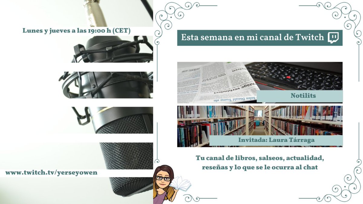 📣 Esta semana en mi canal #Twitch 📣 

Te espero a partir de las 19 h (CET) para contarte:
👉 Lunes: #Notilits.
👉 Jueves: Invitada especial: <a href="/LauraTarraga__/">Laura Tárraga 🧄 #AliyOli</a>

¿Te vienes?
i.mtr.cool/phseenmugd