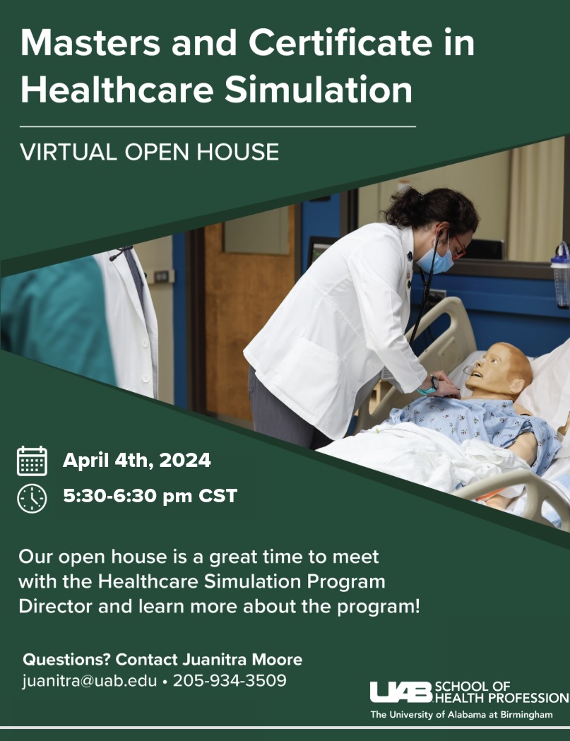 Save The Date! Our virtual information session is coming up this week. Are you interested in a degree in Healthcare Simulation? This is a great time to meet our Program Director, @michelleSBB, and find out more about Healthcare Simulation! Register here: uab.zoom.us/meeting/regist…