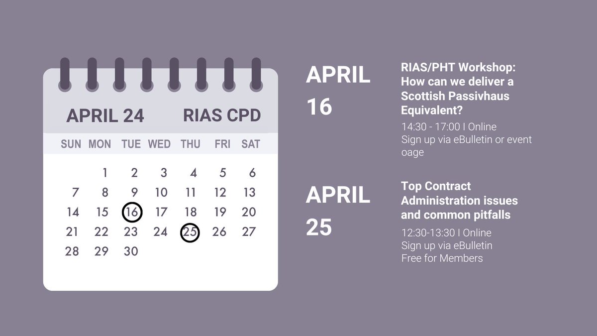 #RIASCPD We are looking forward to two great CPD sessions coming up this month, no April fools... 16 April: How can we deliver a Scottish Passivhaus Equivalent 25 April: Top Contract Administration issues and common pitfalls Sign up here: rias.org.uk/about/events