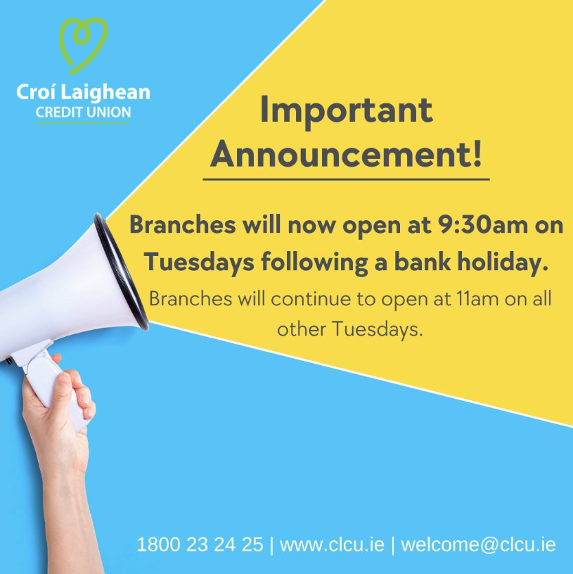 Reminder that our branches will be open from 9:30am on Tuesdays following a bank holiday.
Branches will continue to open at 11am on all other Tuesdays.✨