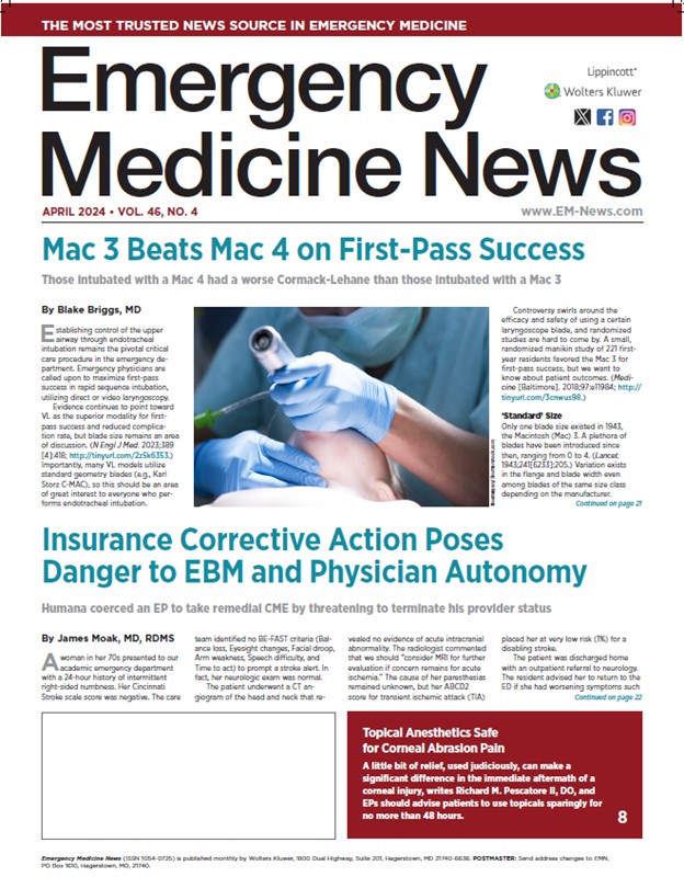 Our April issue is out! Enjoy articles by @matt_bivens @edwin_leap @ERGoddessMD @3rdRockUS @StarrKnightMD @writergina, Tom Belanger, MD; Robert W. Derlet, MD; Mark Borden, MD; James Moak, MD; & Ruth SoRelle, MPH, at EM-News.com #FOAMed