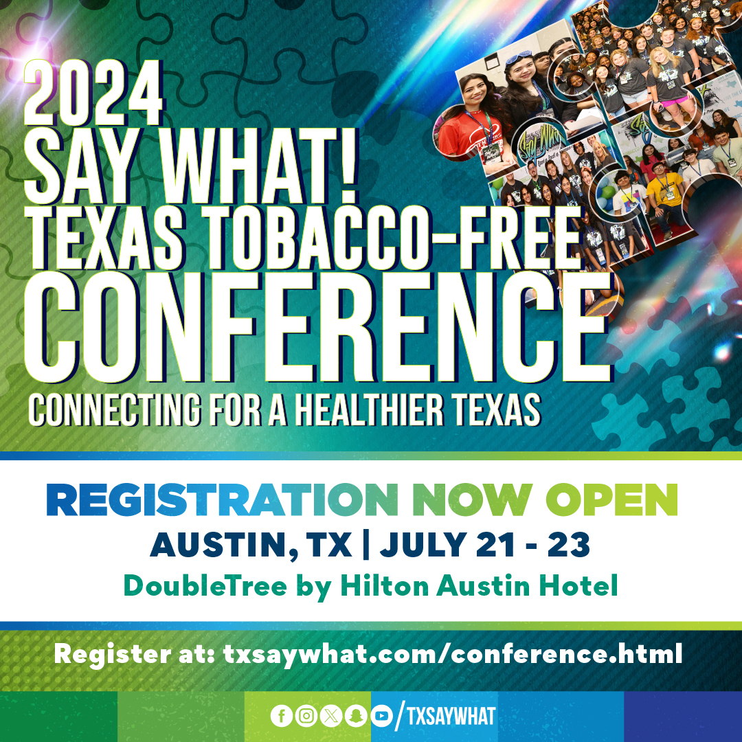 TxSayWhat's tweet photo. Registration is now open for the best and biggest tobacco prevention conference this summer! Register today to connect with the entire state to make it a healthier and vape free generation! Find more information in our bio! #ConnectTexas #LinkInBio https://t.co/XytklyqEAS