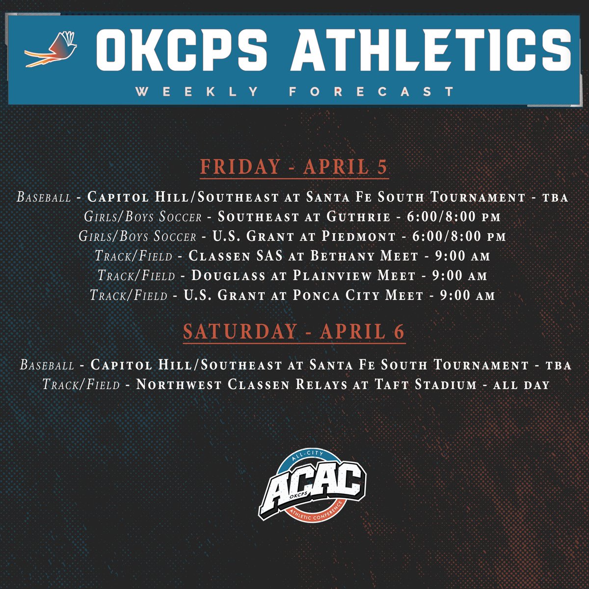 Kicking off April with some BIG events happening in the 405 👀 ➡️ ACAC Track - Wednesday ➡️ ACAC Tennis - Friday ➡️ Baseball / Soccer / Golf all in action Here's the full @OKCPS 𝙒𝙚𝙚𝙠𝙡𝙮 𝙁𝙤𝙧𝙚𝙘𝙖𝙨𝙩 ⬇️
