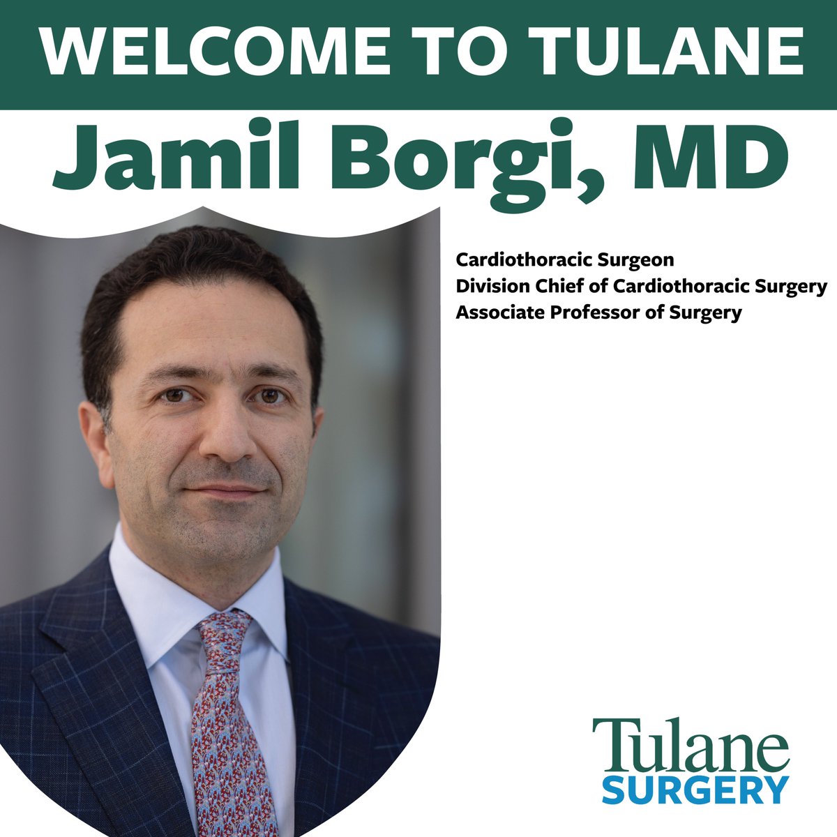 Please join us in welcoming Dr. Jamil Borgi, who is reestablishing our Division of Cardiothoracic Surgery. Dr. Borgi will join us as an associate professor of surgery and serve as the division chief of cardiothoracic surgery. Welcome, Dr. Borgi, to Tulane Surgery! #tulanesurgery