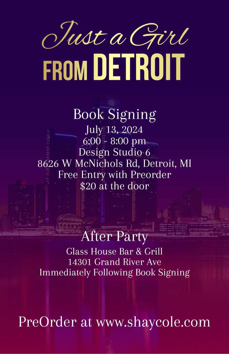 SAVE THE DATE!!!!!!!!! THE BOOK SIGNING IS COMING!!!!!!!! Come out July 13, 2024 to Design Studio 6 from 6-8:00pm to meet the authors of ‘Just A Girl From Detroit’! Take pictures, get autographs, and join us for the afterparty immediately after at Glass House Bar & Grill!…