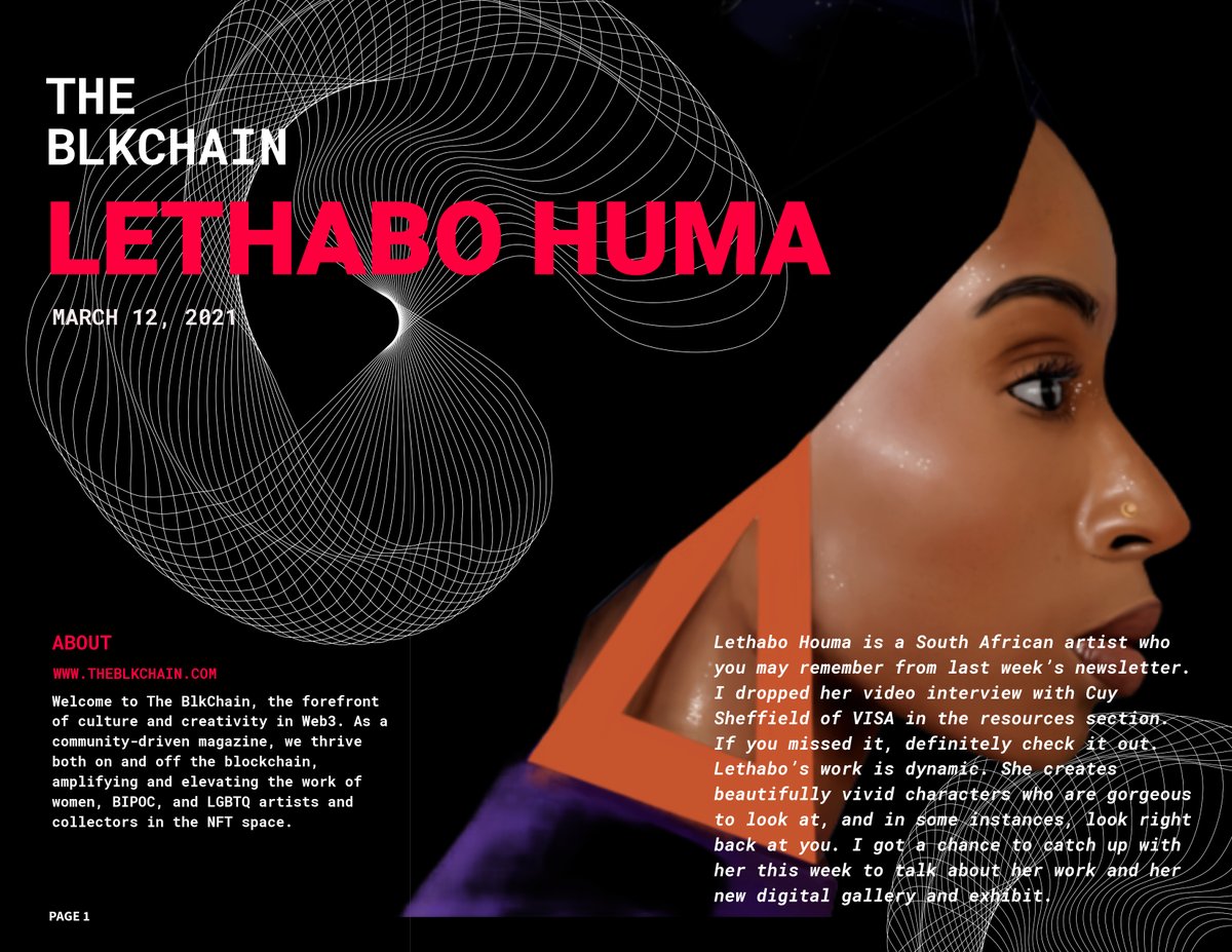 In March of 2021, The BlkChain Newsletter launched as a way to highlight the work of women, BIPOC and LGBTQ creators in web3.
The first issue featured artist <a href="/lethabohuma/">Lethabo 🌺</a>.

Now, you can collect that issue on <a href="/ourzora/">zora</a> as a free mint : shorturl.at/mnCGR. 
More to come! 🤌🏾