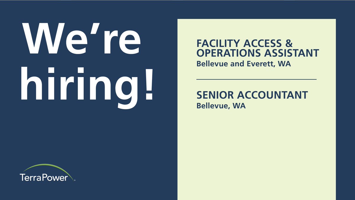 At TerraPower, we're bringing together the top minds in #NuclearEnergy, facilities, engineering, & finance. Interested in working at TerraPower? Learn more and #ApplyNow. Facility Access & Operations Assistant: terrapower.com/contact-us/car… Senior Accountant: terrapower.com/contact-us/car…