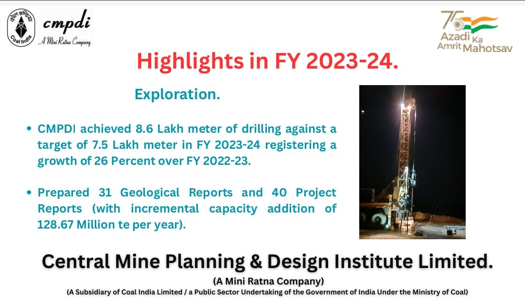 CMPDI achieved 8.6 Lakh meter of drilling against a target of 7.5 Lakh meter in FY 2023-24 registering a growth of 26 Percent over FY 2022-23. @CoalIndiaHQ @CoalMinistry @JoshiPralhad @PIB_Coal @PIB_India