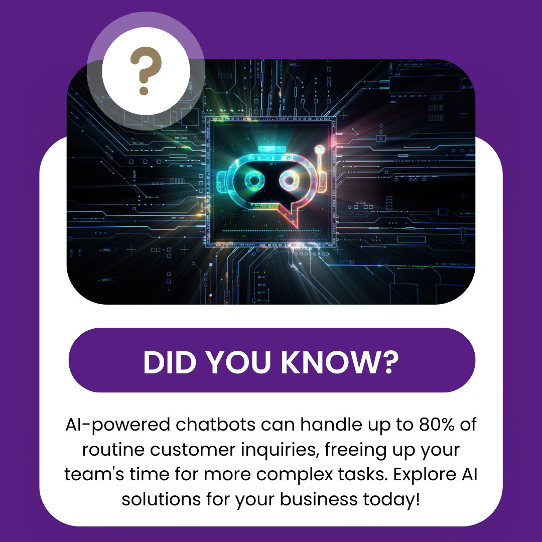 Did you know? AI-powered chatbots can tackle 80% of routine customer inquiries, freeing your team for strategic tasks. Discover the power of AI solutions for your business today! #AIFacts #businesssolutions #artificialintelligence #businesstech #digitaltransformation