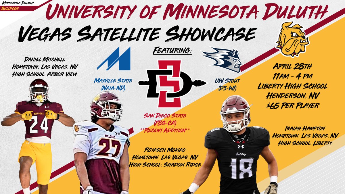 Excited to announce the addition of San Diego State to our Vegas Satellite Showcase on April 28th at Liberty High School - Henderson, NV. #EarnIt Sign up below: bulldogsfootballcamps.totalcamps.com/shop/product/2…