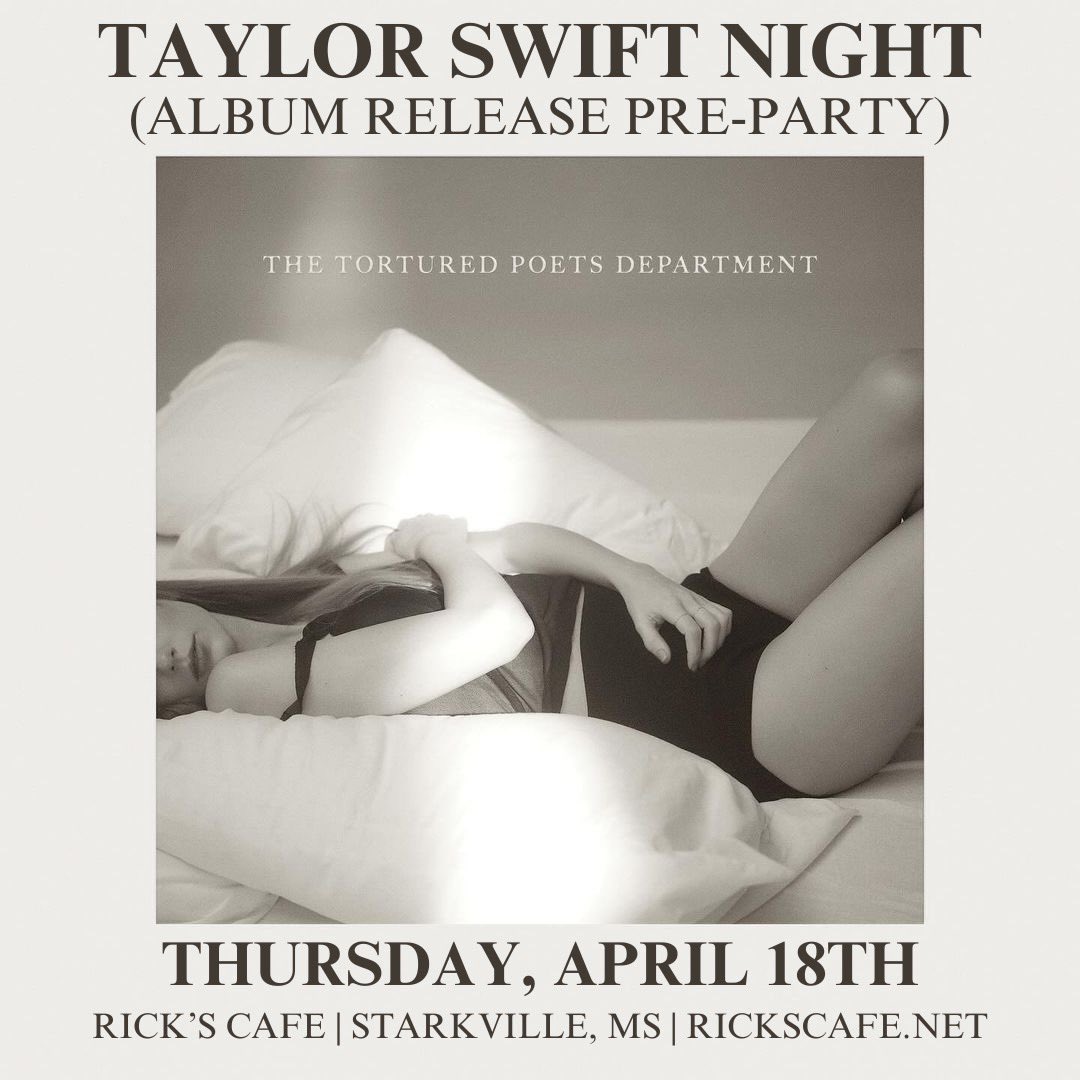 THIS IS NOT A DRILL!!!❤️‍🔥
Taylor Swift Night (Album Release Pre- Party) on Thursday, April 18th at Rick’s! Get your tickets at rickscafe.net &amp; come celebrate The Tortured Poets Department release with us! 

GO TO OUR INSTAGRAM FOR A CHANCE TO WIN TICKETS!✨🪩