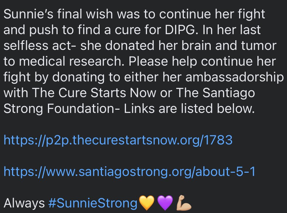 It’s been 1 week since Sunnie passed. In her final act of selflessness, she donated her brain & tumor to Nationwide Children’s Hospital in Columbus, OH. 

She was an ambassador for @CureStartsNow. Sunnie’s final wish was to that cure for DIPG to be found. 
(1/)