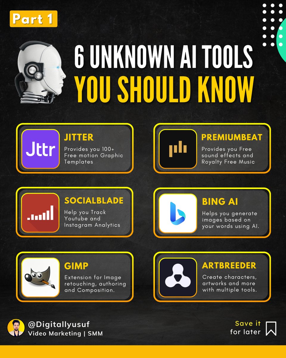 Discover 6 Unknown Tools You Should Know! 💡

1. Jitter
2. PremiumBeat
3. Social Blade
4. Bing AI
5. GIMP
6. Artbreeder

Make sure to try these AI tools and tell your favorites in comments 🔽 #instagramtools, #contentcreation, #contentcreators