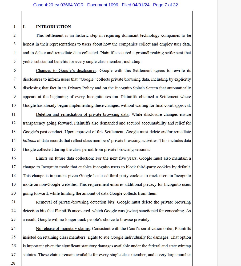 .@Google settles privacy case over incognito tracking. Plaintiffs say company will 1) change disclosures 2) delete or “remediate” billions of data records 3) remove “private browsing bits” prior: mediapost.com/publications/a…