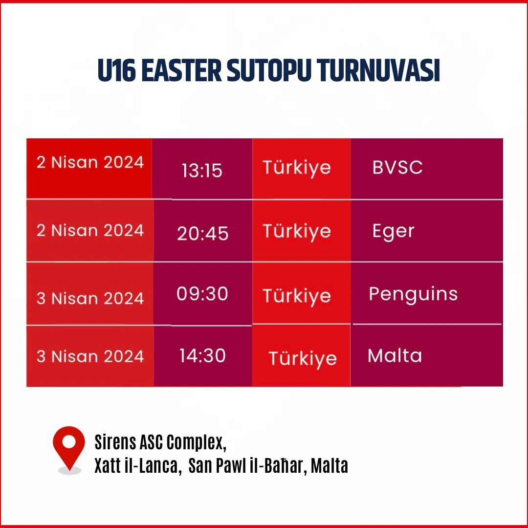 U16 Sutopu Milli Takımımız 2-4 Nisan 2024 tarihleri arasında Malta’da düzenlenecek U16 Kadınlar Sutopu Easter Turnuvası için Malta’da. 

Takımımıza başarılar diliyoruz!🇹🇷