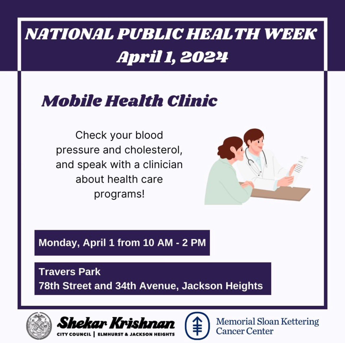 Unidad Móvil de salud/ Mobile Health Unit on 78 St & 34 Ave patrocinado por @CMShekarK & @MSKCancerCenter Servicios Gratuitos Disponibles Examen de la presión arterial Examen de colesterol Educación nutricional Educación y referencias sobre diferente tipos de cáncer Y más