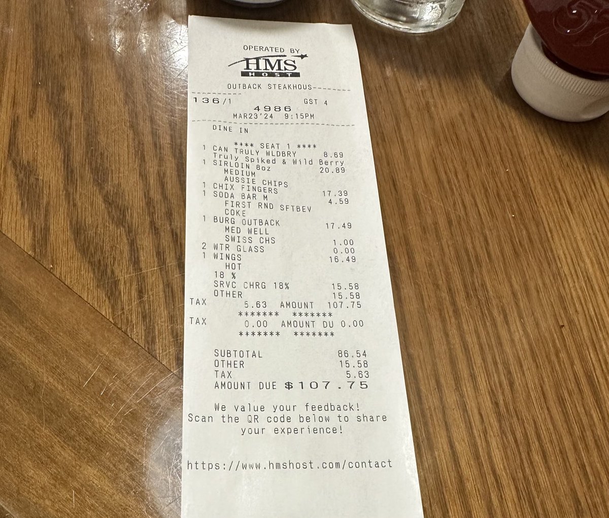 DapReno's tweet photo. ⁦@Outback⁩ … morning, still hoping someone at Outback can tell me what the 18% service charge is on the bill. https://t.co/ABnpsJtfA3