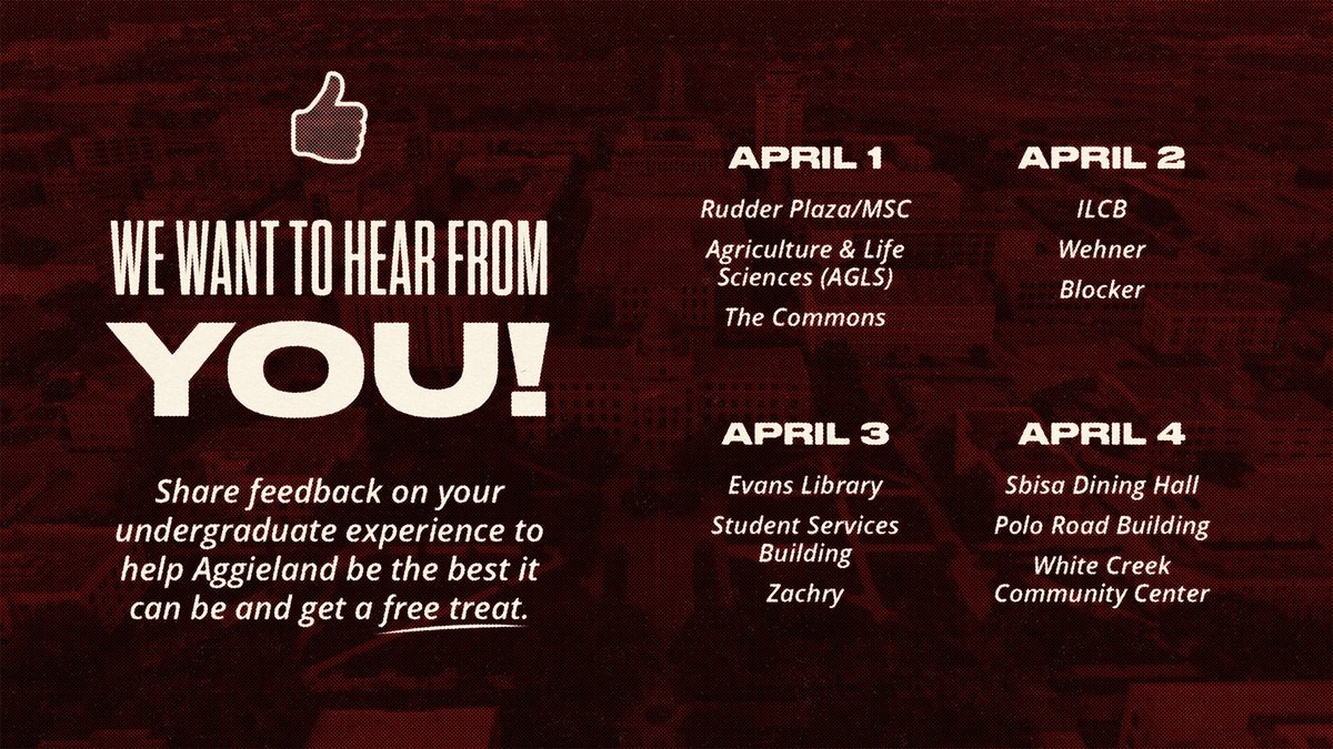We want to hear from YOU, Ags! Help Texas A&M be home to the best student experience in the nation and share feedback on what is great about Aggieland and ideas to make it even better.