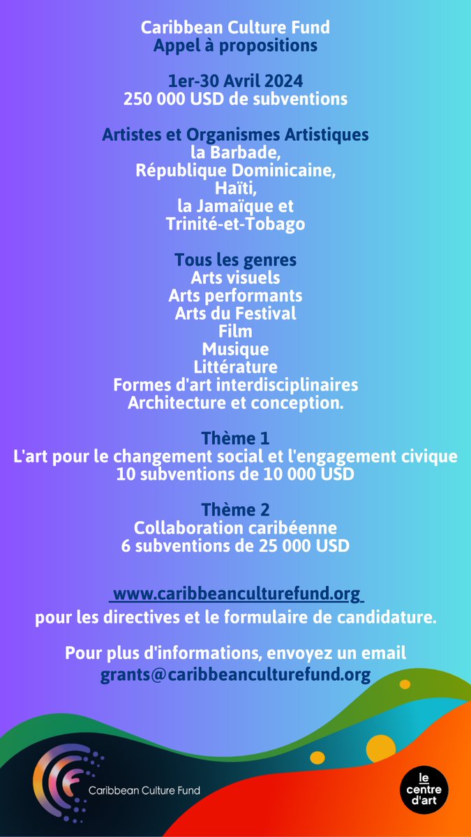 <a href="/fund_culture/">Caribbean Culture Fund</a> lance son premier appel à propositions, ouvert du 1er au 30 avril 2024.

Uniquement les particuliers et organisations de cinq pays (Haïti, République Dominicaine, Jamaïque, Trinité-et-Tobago) peuvent soumettre leurs projets.