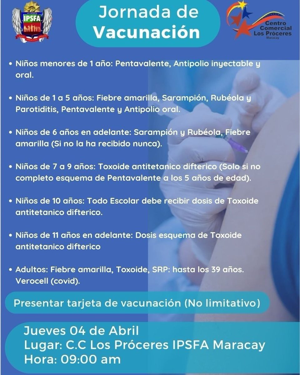 📢Asiste || La sucursal @ipsfa_maracay te invita a la Jornada de Vacunación 💉este Jueves 04 Abril 2024, seguimos brindando bienestar a nuestra #FANB y el Pueblo 🇻🇪

#IpsfaesBienestar

#AbrilDeVencedores