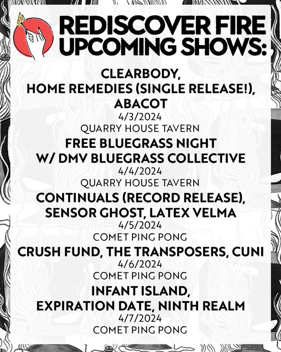 @cometpingpong @thetransposers @jcunii @infantisland @NinthRealmMD 🔥UPCOMING SHOWS🔥 at Quarry House Tavern 4/3: @clearbodyband, Home Remedies (single release!), Abacot 4/4: Free Bluegrass Night w/ DMV Bluegrass Collective 🎟: buff.ly/3TIrP0q