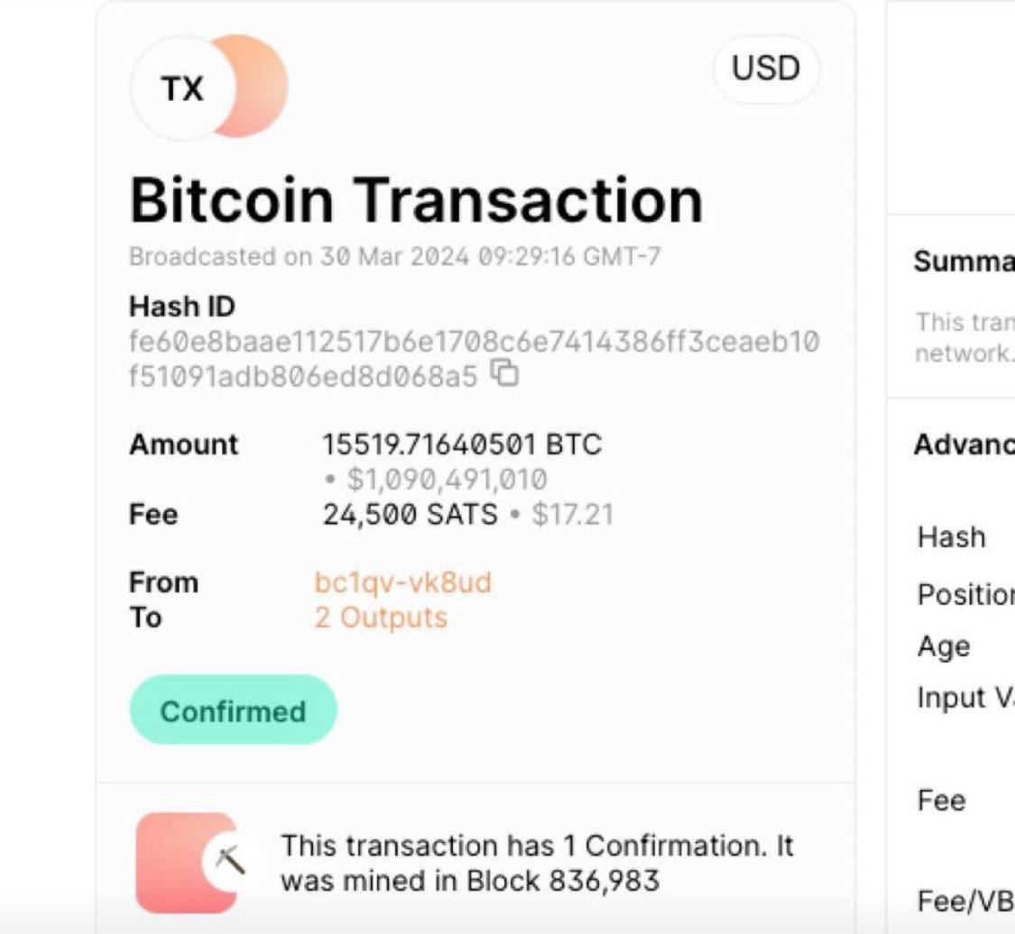 🚨 Whale Alert! 🐳 A colossal #Bitcoin transaction has just rocked the  crypto world. Someone nabbed 15,519 BTC for a staggering $1.1B on  @Bybit_Official at a brisk 9:29am GMT! 🤯 At $70,000