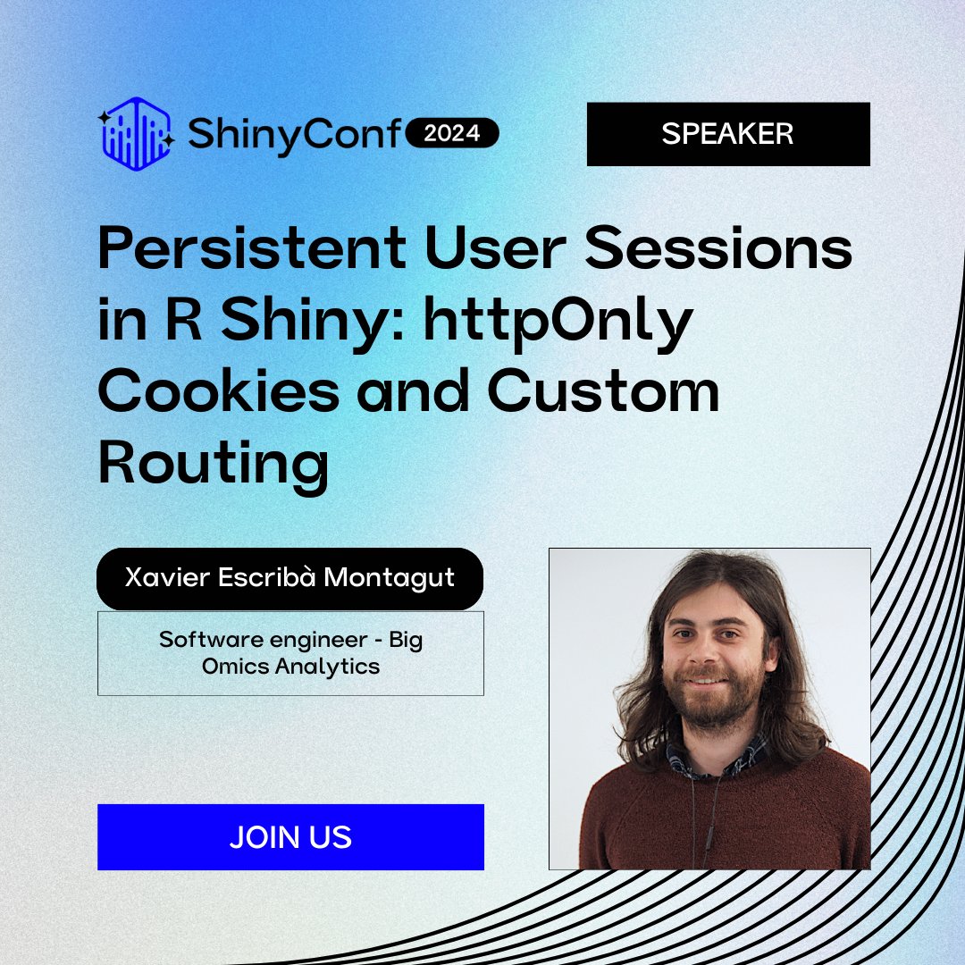 ShinyConf's tweet photo. Dive into persistent user sessions in R Shiny with Xavier Escribà Montagut, a Software Engineer at Big Omics Analytics. Explore advanced features for enhanced user experiences! 🚀
Learn more: https://t.co/vSL38HiGiN
#ShinyConf #ShinyConf2024 #RShiny #UserSessions https://t.co/xHzAU3phXC