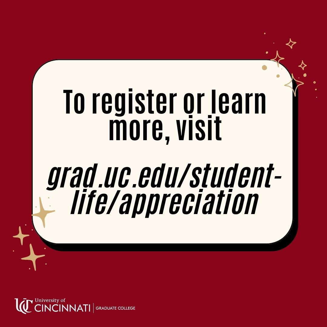 We are ONE WEEK away from Grad Student Appreciation Week and we can't wait! Check out our awesome line up of campus events for both West and Med campus. To learn more or RSVP, visit GetInvolvedUC or check out the link in our bio. 
#GSAW2024