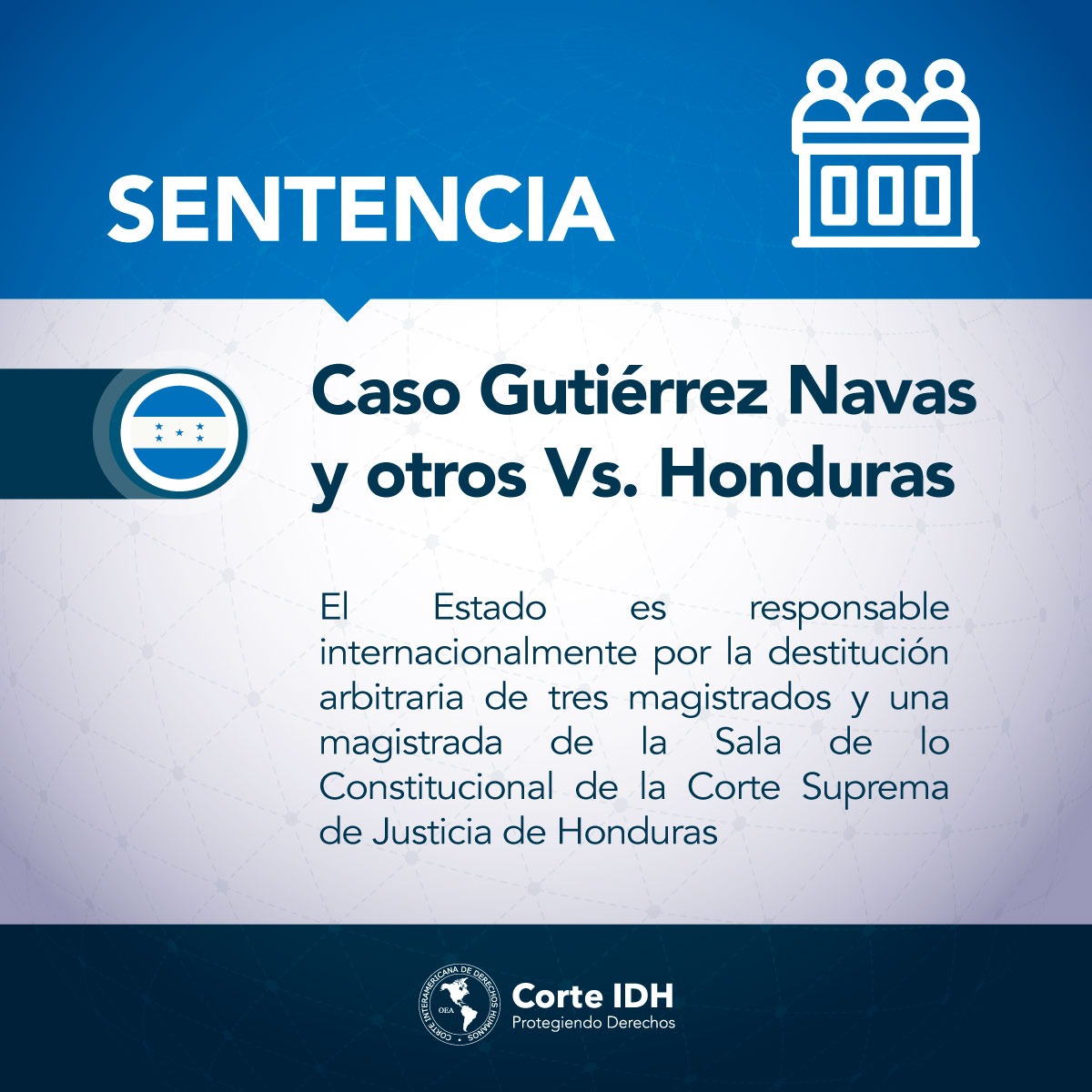 👩🏿‍⚖️👨🏿‍⚖️Sentencia del Caso Gutiérrez Navas y otros Vs. Honduras: El Estado es responsable internacionalmente por la destitución arbitraria de tres magistrados y una magistrada de la Sala de lo Constitucional de la Corte Suprema de Justicia.
👩🏿‍💻Más info: bit.ly/4cAT6e7