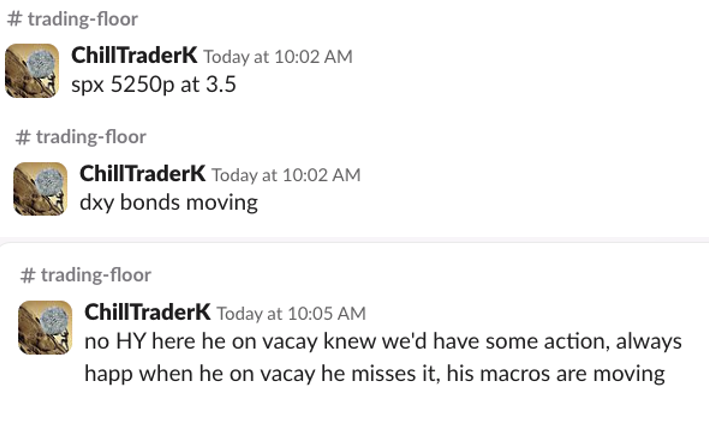 Hope I made <a href="/highyield6/">HY6</a> proud today in <a href="/PowerTradingRm/">The Power Trading Room</a>. He on vacation so we knew that means vol in market always on vacation week. Saw bonds and dollar were moving hard and we reversed last night and this morning open's gaps, what a morning to trap beg of quarter longs