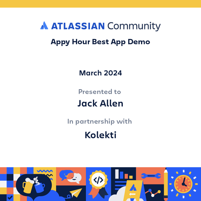 Congratulations to our March Appy Hours demo winner Kolekti (part of The <a href="/Adaptavist/">Adaptavist</a> Group). 👏 🏆! Watch them compete 👀 against <a href="/deviniti_voice/">Deviniti</a>, <a href="/codefortynine/">codefortynine</a>, &amp; <a href="/k15t_/">K15t</a> here: bit.ly/3vqXHir