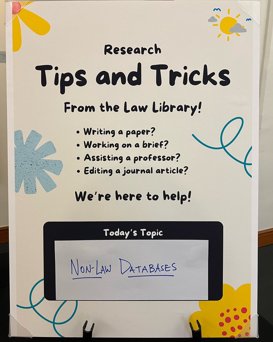 Need some help navigating non-law databases? Check out the library’s tabling event in Brown Hall! A librarian will be available until noon today!