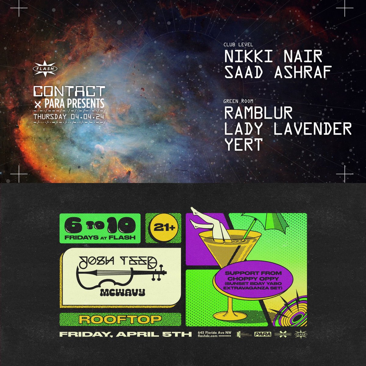 ParaPresents's tweet photo. Back at Flash for 2 nights of rooftop shenanigans 🪩

Thursday, Nikki Nair returns to the Club Level and we’ll be hosting a Para Takeover on the rooftop ft. Ramblur, Lady Lavendar, &amp; Yert. 🌃

Friday, we have our next 6to10 featuring Josh Teed, McWavy, and Choppy Oppy! 🎻

🎫⬇️ https://t.co/Fb9nJ3oKHF